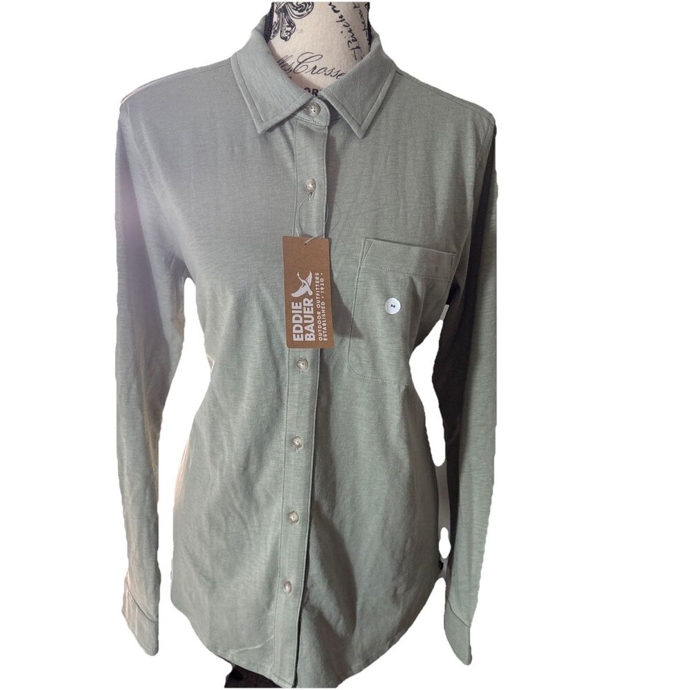 Eddie Bauer Women Nomad Slub Long Sleeve Button Down Medium Green
